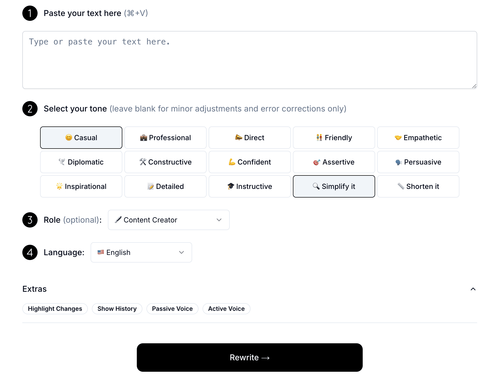 Paraphrasing tool interface showing text input