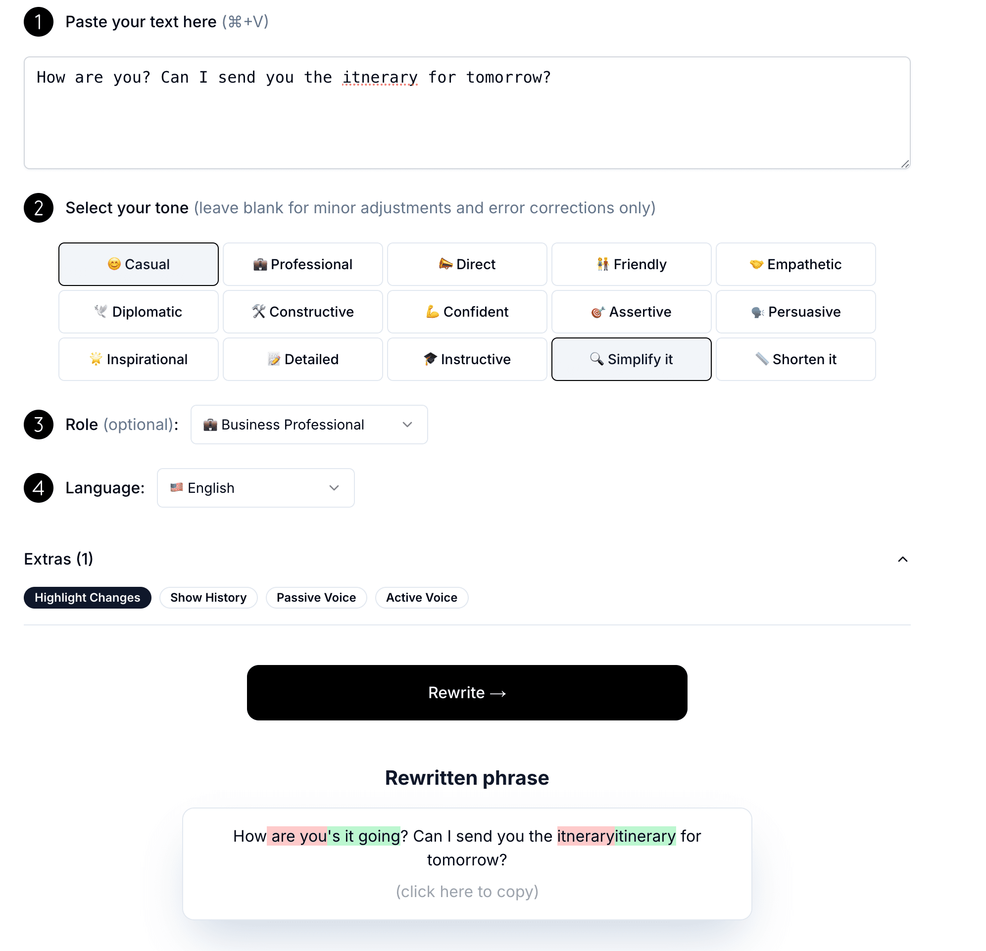 Paraphrasing tool showing rewritten output